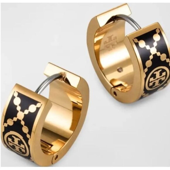 Tory Burch Black and Gold T-Monogram Huggie Earrings and Bracelet Set - Picture 5 of 6